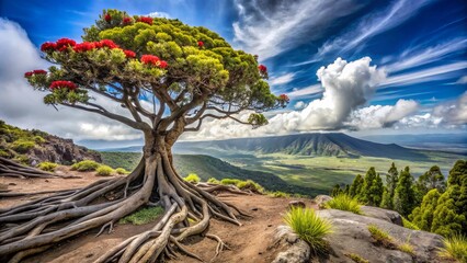 Obraz premium Stunning Roots of an Ohia/Lehua Tree in Hawai`i Volcanoes National Park, Showcasing Nature's Resilience and Unique Ecosystem with Copy Space for Creative Use