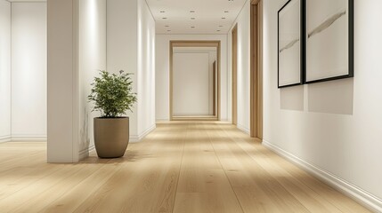 Modern interior hallway with wooden floor and decorative plant