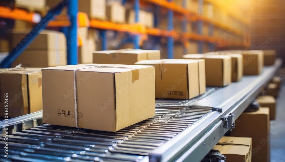Poster closeup view of multiple cardboard box packages steadily traveling on a conveyor belt in a warehouse
