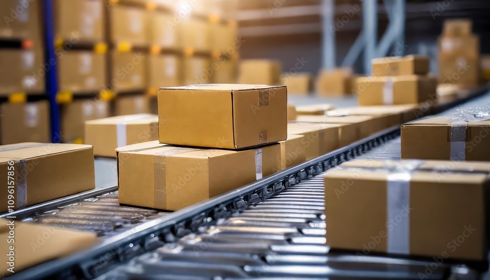 Aufkleber close-up view of numerous cardboard boxes neatly arranged as they smoothly move along a conveyor bel