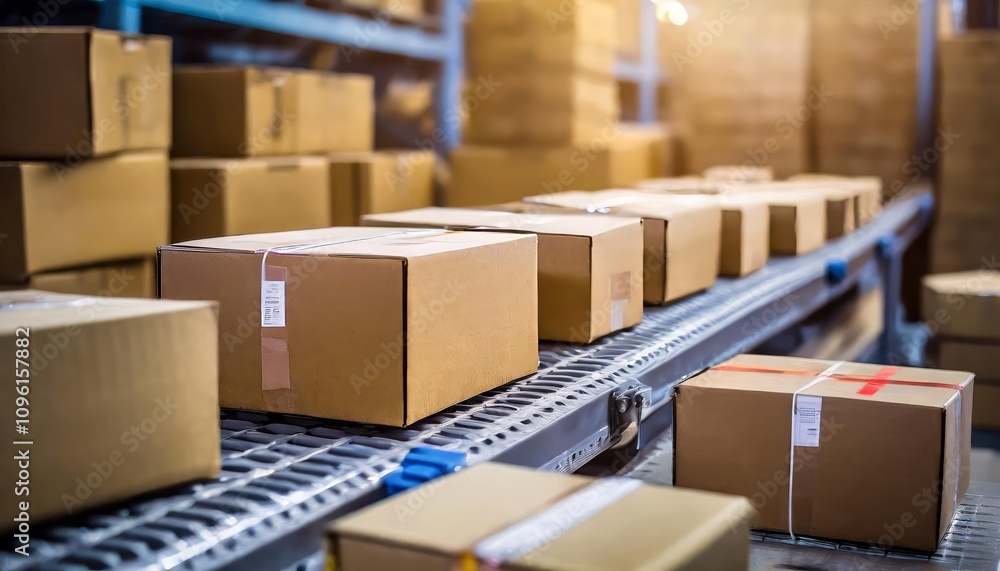 Poster closeup of multiple cardboard box packages smoothly transported on a conveyor belt system within a b