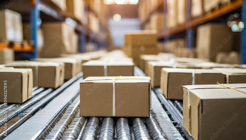 Aufkleber efficient close-up of multiple cardboard boxes neatly moving in synchronization on a conveyor belt w