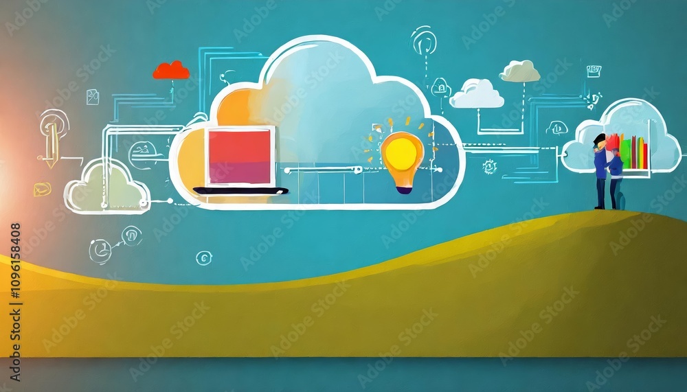 Poster a comprehensive illustration of cloud computing systems, showcasing data storage, network integratio