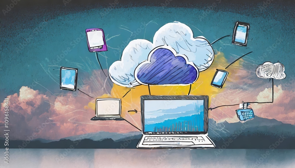 Poster illustration depicting cloud computing concepts and digital network infrastructure with data storage