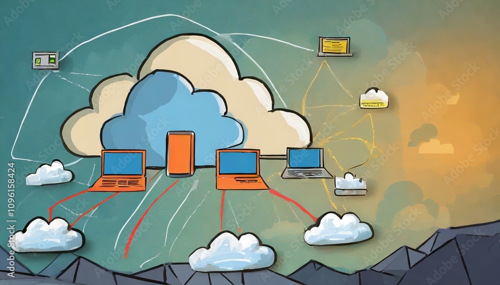 Poster comprehensive illustration of cloud computing architecture highlighting data storage, networking, vi