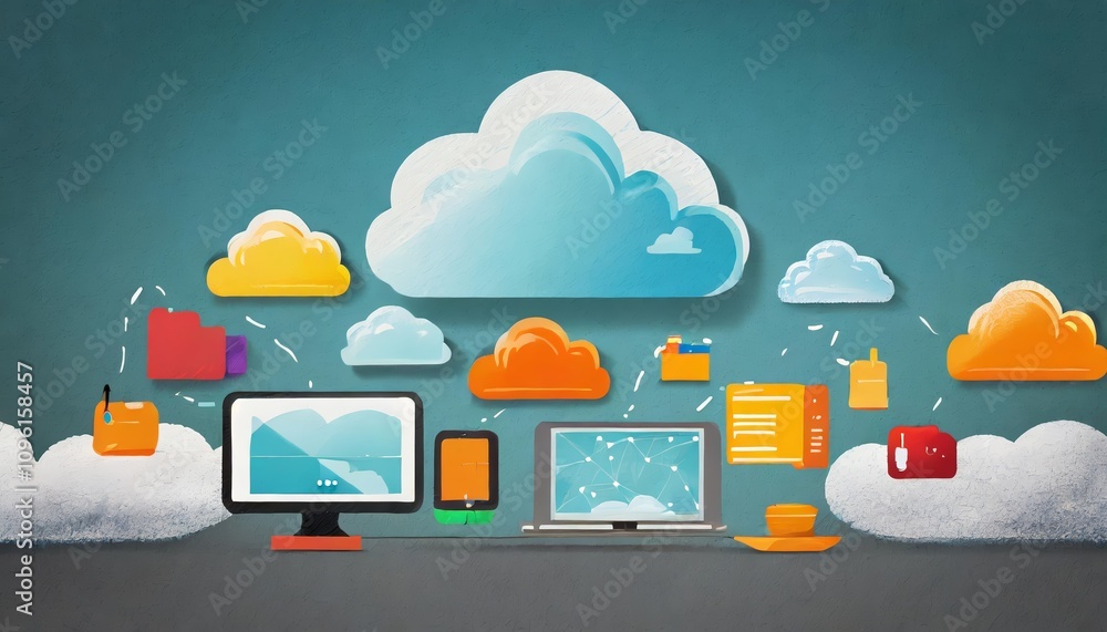 Poster comprehensive illustration of cloud computing concepts depicting data storage, network connectivity,