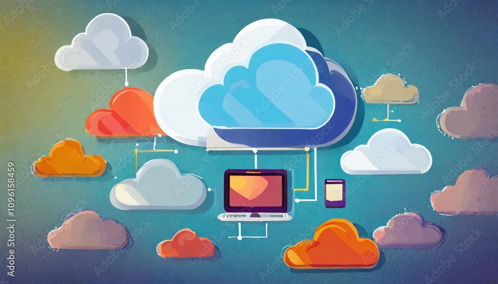 Poster comprehensive visual representation of cloud computing concepts, illustrating virtualization, storag