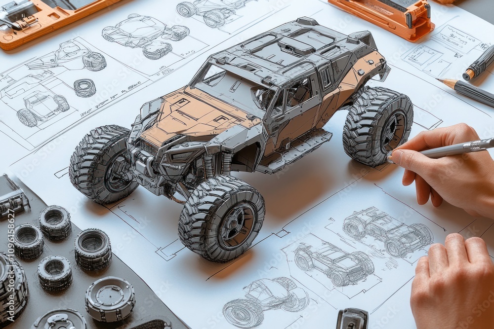 Poster a detailed model of an off-road vehicle surrounded by design sketches and tools.