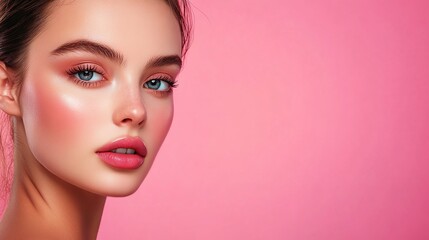 Fototapeta premium Attractive, beautiful and graceful young woman on pink background with copy space area
