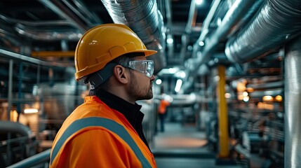 Worker in Safety Gear Observing Industrial Facility Infrastructure