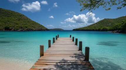 Fototapeta premium Wooden Dock Extends Over Crystal Clear Turquoise Waters Framed by Lush Green Hills and White Puffs of Clouds Under a Bright Blue Sky