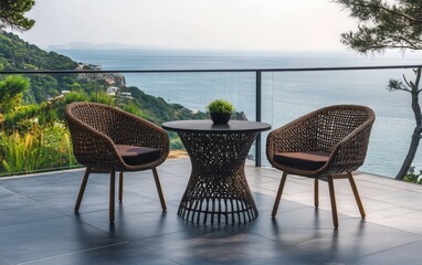 Obraz premium Elegant outdoor furniture consisting of a round table and two dark brown rattan chairs on a black-tiled balcony overlooking a peaceful sea view