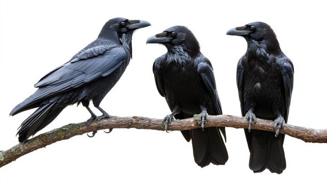 Three black crows perched on a branch, showcasing glossy feathers and sharp beaks against a plain white backdrop, creating a striking visual contrast.