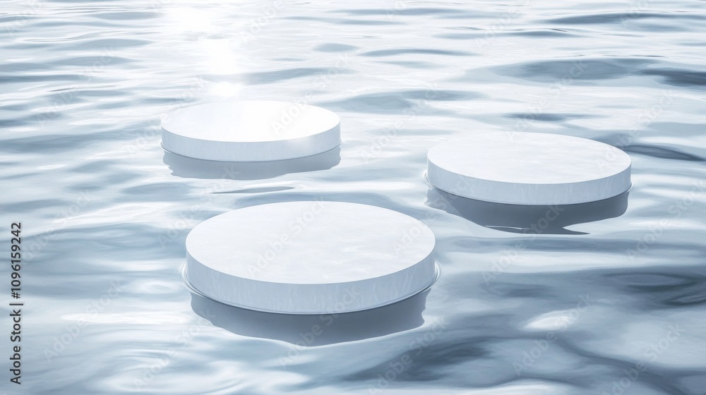 Poster tranquil white circular objects floating on water surface with reflective light, blue background