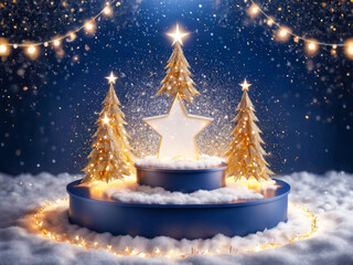 Festive Winter Scene with Golden Christmas Trees and Star
