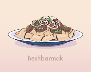 National kazakh cuisine beshbarmak. Beshparmak is a meal of meat, onion, kazy and dough. Vector illustration.
