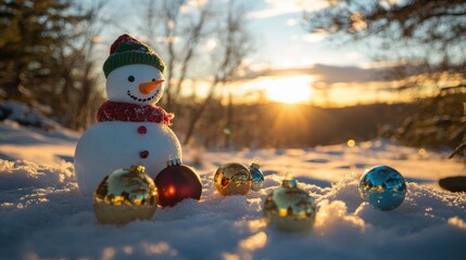 Fototapeta premium Charming snowman adorned with colorful Christmas ornaments in a snowy landscape, basking in a warm sunset glow, capturing the festive holiday spirit.