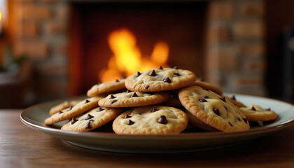 Delicious Chocolate Chip Cookies by the Fireplace