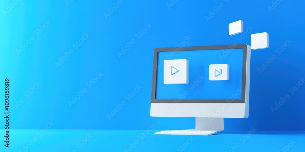 Poster A computer monitor displaying play buttons on a blue background, symbolizing digital media.