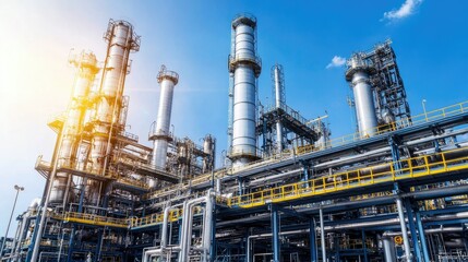 Fototapeta premium Industrial Facility with Silos and Pipes Under Bright Blue Sky