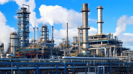 Fototapeta premium Industrial Complex with Towers and Pipes Against a Blue Sky