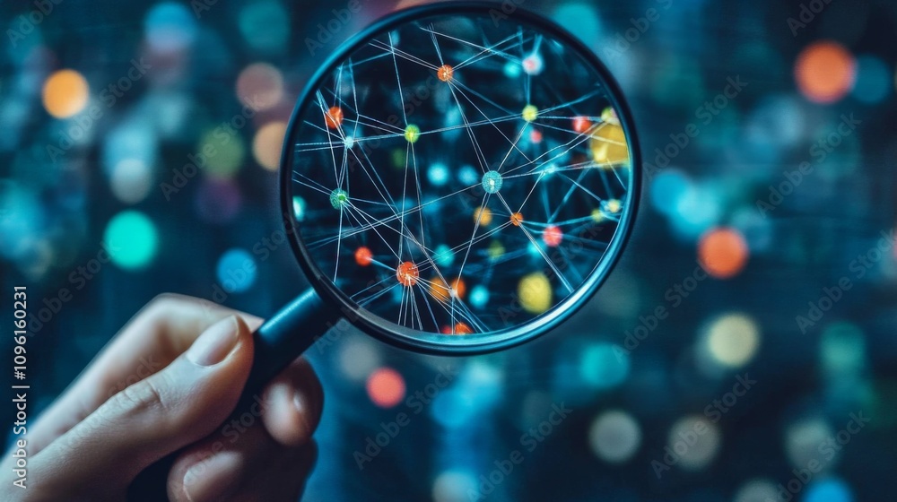 Poster futuristic network concept: hand with magnifying glass on interconnected colorful spheres and lines 