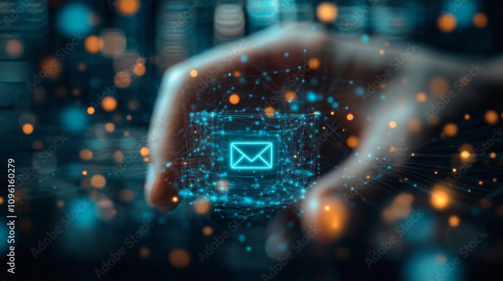 Poster technology concept: hand pressing blue email button on blurred cityscape background with network pat