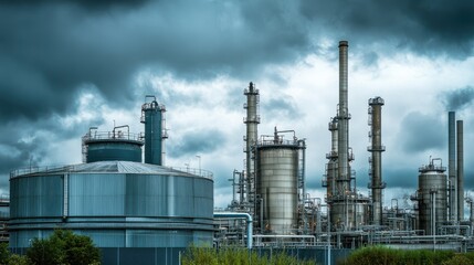 Obraz premium Industrial Complex with Metal Tanks and Smoke Stacks Under Clouds