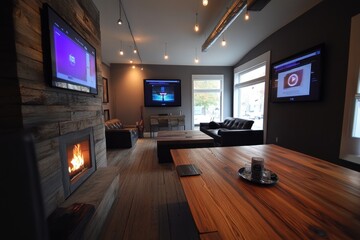 A modern lounge with a fireplace, TVs, and a wooden table, designed for relaxation and entertainment.