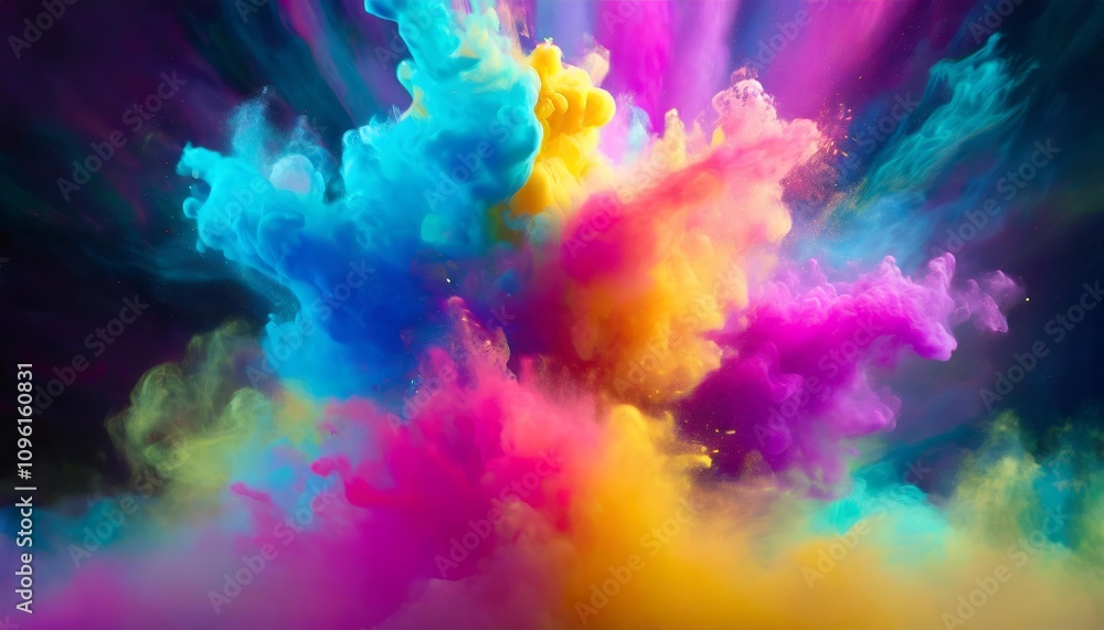 Poster clubs of vibrant multicolored neon smoke exploding in a psychedelic abstract burst of holi paint, ca