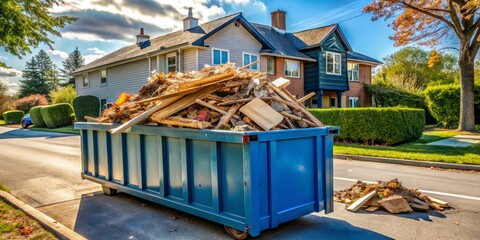 Suburban Driveway with Long Blue Dumpster Overflowing with Wood and Debris, Perfect for Renovation or Cleanup Projects, Captured in a Bright and Clear Daylight Setting