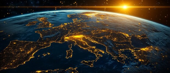 Earth at Night: 3D Rendering with Bright Sun Over Europe, City Lights, and Horizon Line with Stars Twinkling