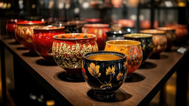 Handcrafted traditional lacquerware cups displayed on wooden shelves highlighting intricate designs and vibrant colors in a charming setting