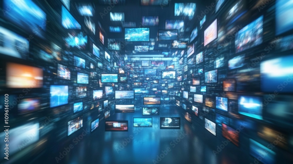 Poster multitude of colorful television screens in grid pattern facing same direction in dimly lit room - f