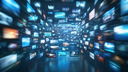 Fototapeta premium Multitude of Colorful Television Screens in Grid Pattern Facing Same Direction in Dimly Lit Room - Futuristic Technology Concept