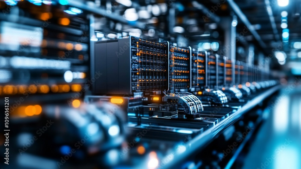 Poster high-angle close-up of neatly arranged server room in data center with blurred background
