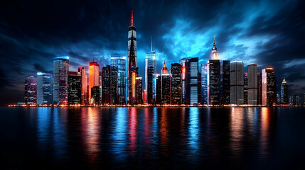 Obraz premium A vibrant city skyline illuminated against a dramatic night sky, reflecting in calm waters below.