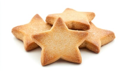 Star-shaped cookies with a golden-brown exterior, sprinkled with sugar, arranged on a white background, perfect for festive occasions and celebrations.