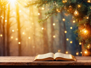 Open Bible on Wooden Table with Christmas Lights and Tree in Background.