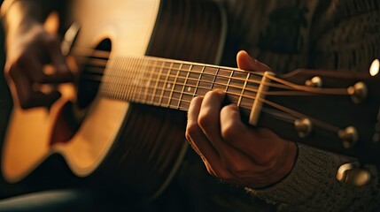 Fototapeta premium Close-Up of Hands Playing Acoustic Guitar in Warm Ambient Light