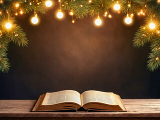 Open Book on Wooden Table with Christmas Lights and Fir Branches