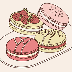 Colorful macarons arranged on a decorative plate, showcasing a variety of vibrant hues and delicate textures.