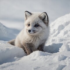Naklejka premium A miniature arctic fox cub lying contentedly on a snowy white backdrop.