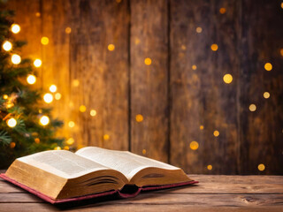 Open Book on Wooden Table with Christmas Lights Background