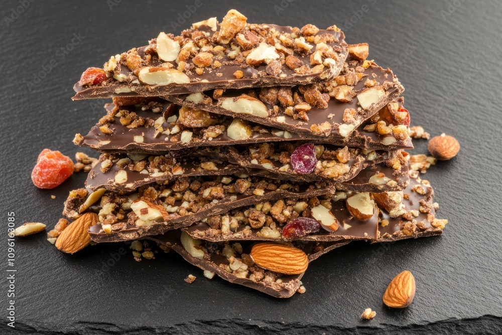 Poster a stack of chocolate bark topped with nuts and dried fruits on a slate surface.