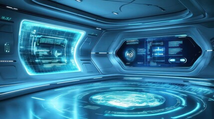 Obraz premium A futuristic control room with glowing interfaces and holographic displays.