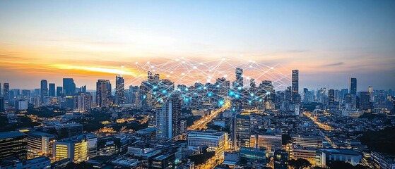 Fototapeta premium Panoramic City Skyline at Dusk with Orange and Blue Sky, Modern Urban Connectivity Concept