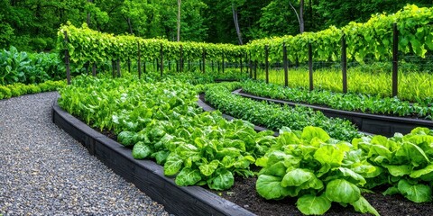 A lush garden featuring rows of green lettuce and vine-covered trellises, showcasing vibrant greenery and neat landscaping.