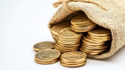 Pile of Gold Coins Spilling from a Burlap Bag on a White Surface