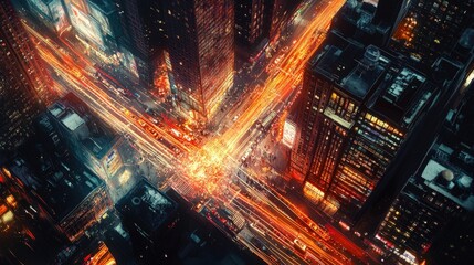 Aerial View of a Busy City Intersection at Night